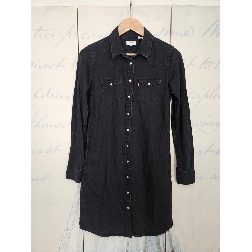 Levi's Denim Shirt Dress XS Black Western Pearl Snap Long Sleeve Mini Dress‎